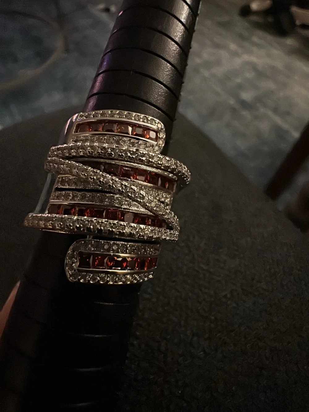 Silver-tone Ring Garnet Red Crystal Accents with thick comfort band.